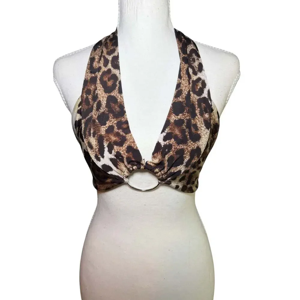 Leopard Print Halter Bikini Top O Ring Double Lined Adjustable‎ Tie Back